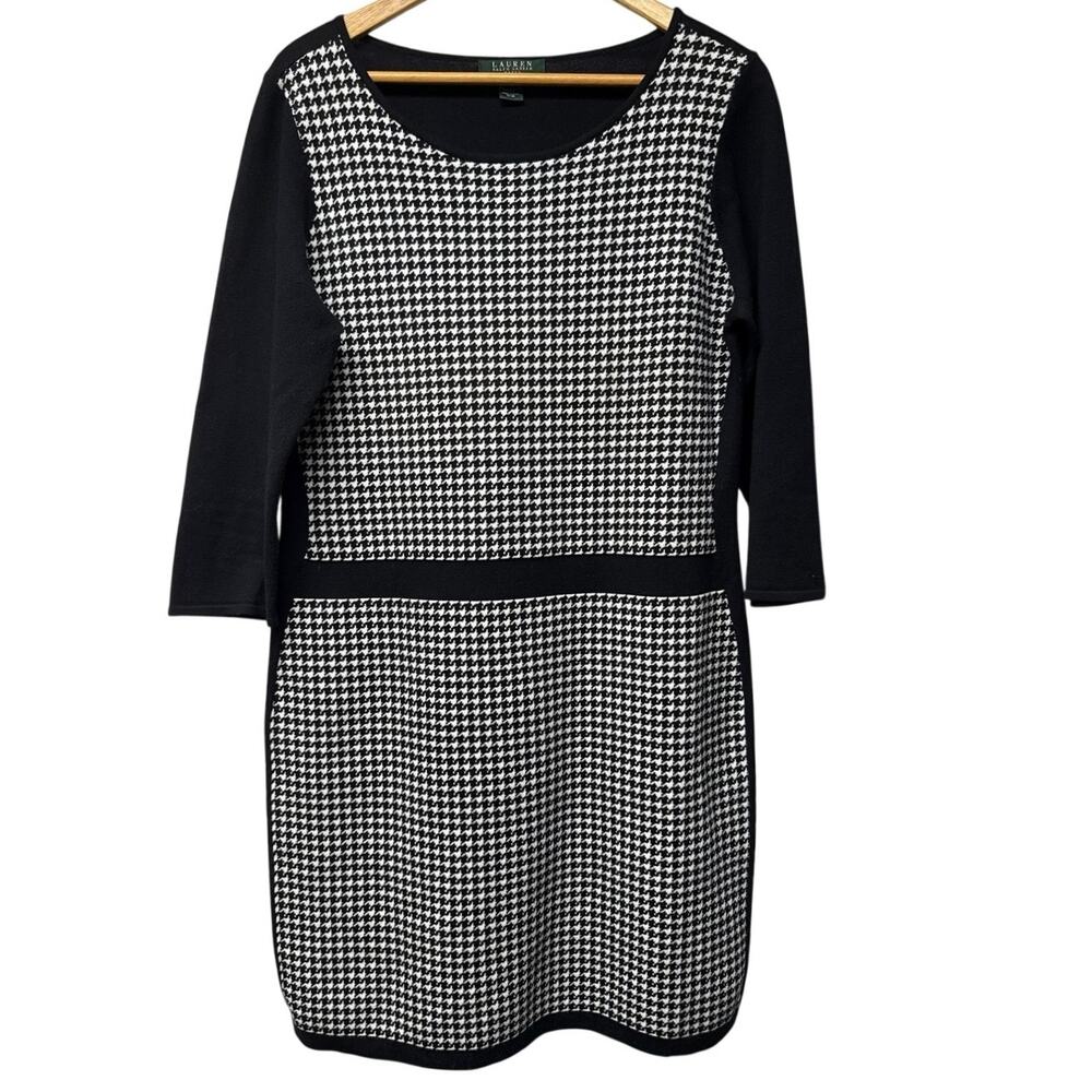 Lauren Ralph Lauren Houndstooth Knit Sheath Dress Size XL 3/4 Sleeve Black White